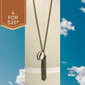 Long Puka Shell and Chain Tassel Lariat Necklace